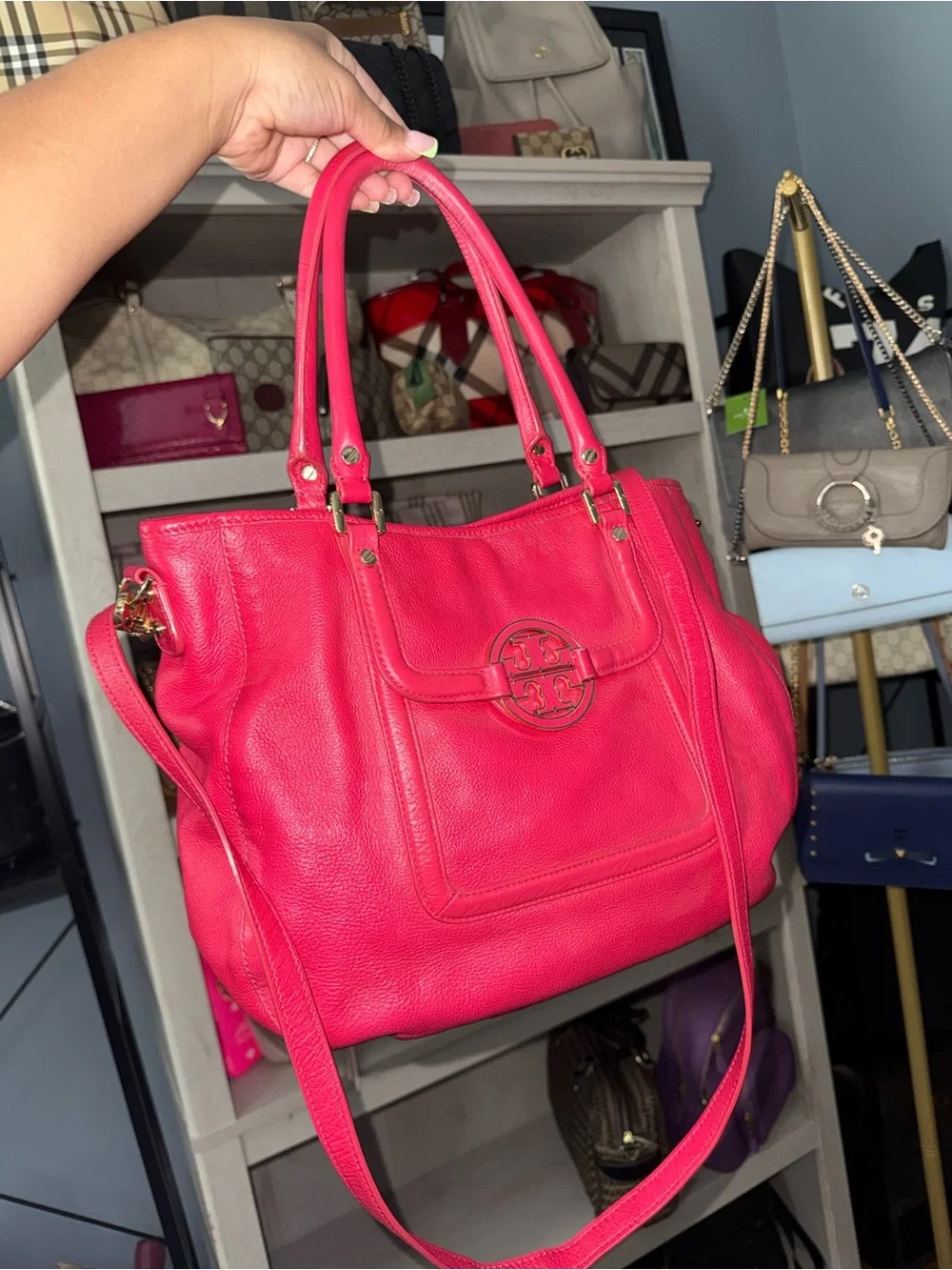 Tory Burch Bright Pink Pebbled Leather Shoulder Bag